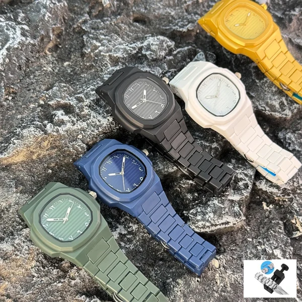 ساعة كوارتز كلاسيكية للرجال، سوار من البلاستيك الناعم، أرقام عربية، قرص عمل كاجوال، أداة إزالة متضمنة