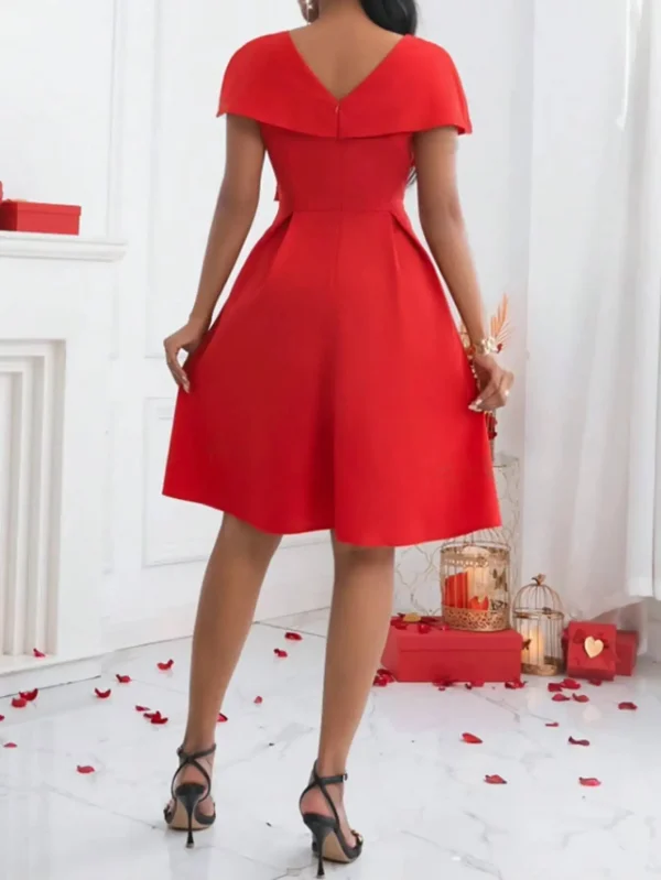 فستان ميدي لربيع وصيف للنساء أحمر بياقة على شكل V وأكمام ملفوفة من الأمام على شكل حرف a أنيق وأنيق للحفلات