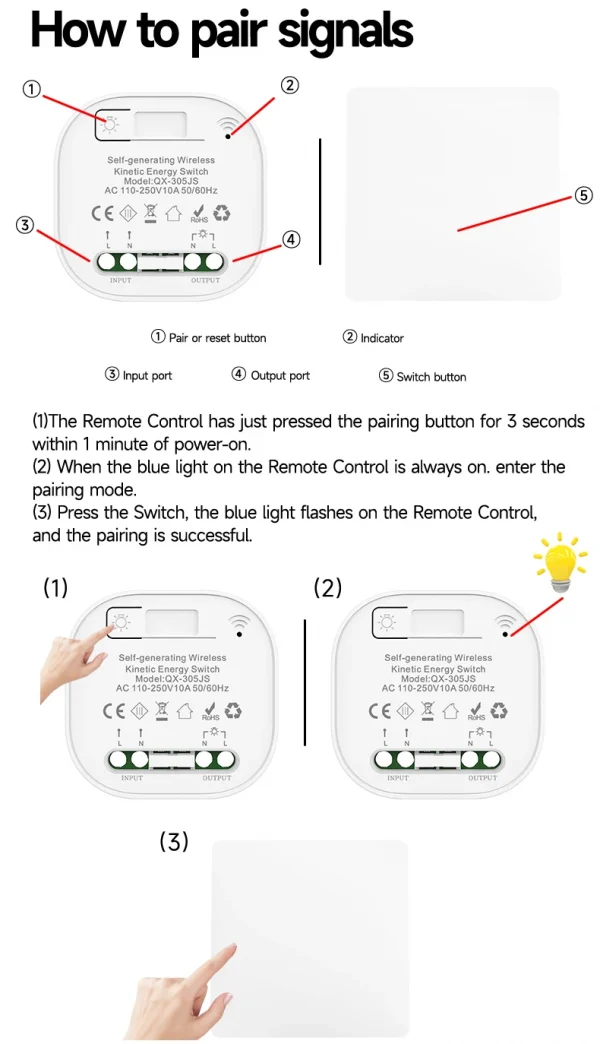 QX-305 Gray Self-powered wireless Remote Control Light Switch RF433Mhz 1/2 way Electric Switch