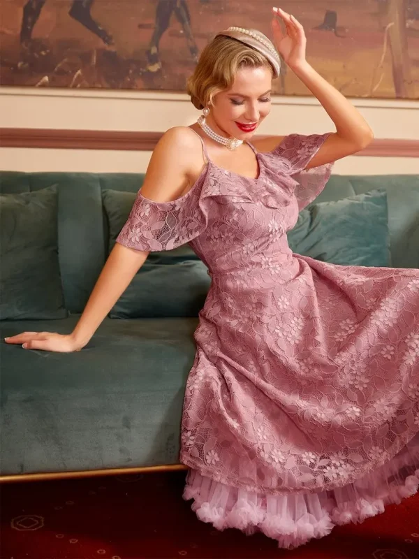 فستان نسائي صيفي أنيق بكشكش من الدانتيل المزهر باللون الواحد، كتف مكشوف، للأجازات، بأكمام كشكش، فساتين سهرة وحفلات