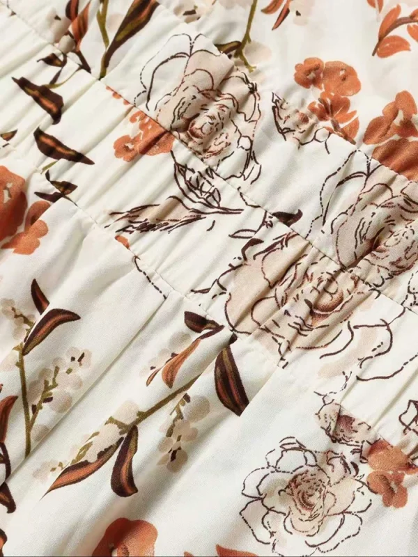 فستان نسائي طويل مقاس كبير مزين بالزهور، مرن بخصر عالٍ، فضفاض، رقبة مربعة، وأكمام منتفخة، فستان غير رسمي مناسب لجميع المواسم