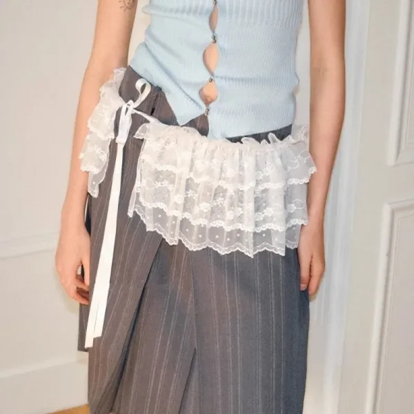 تنورة نسائية كورية Y2K من الدانتيل ذات طبقات صغيرة ملابس خروج بأربطة وكشكشة هاراجوكو عالية الخصر بطيات للسيدات تنانير جوبي ملابس