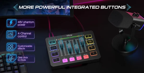 مجموعة بودكاست FIFINE الكل في واحد مع خلاط صوت RGB، مجموعة استوديو بث مع ميكروفون ديناميكي لتسجيل ألعاب الكمبيوتر - Ampligame KS5