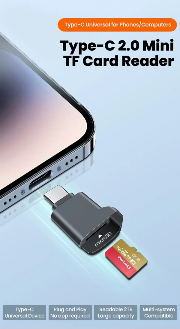 قارئ بطاقة TF صغير Type-C 2.0 للتخزين الخارجي باللون الأسود قابل للتمدد لبطاقة الذاكرة USB C 2.0 لأيفون 17 16 قارئ بطاقة TF صغير