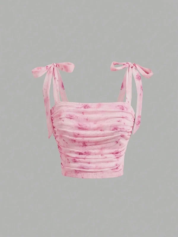 Solid Tie Shoulder Ruched Wide Strap Slim Fit Crop Top for Women Summer 2025 Y2K Clothes Pink Backless Cami Top Streetwear