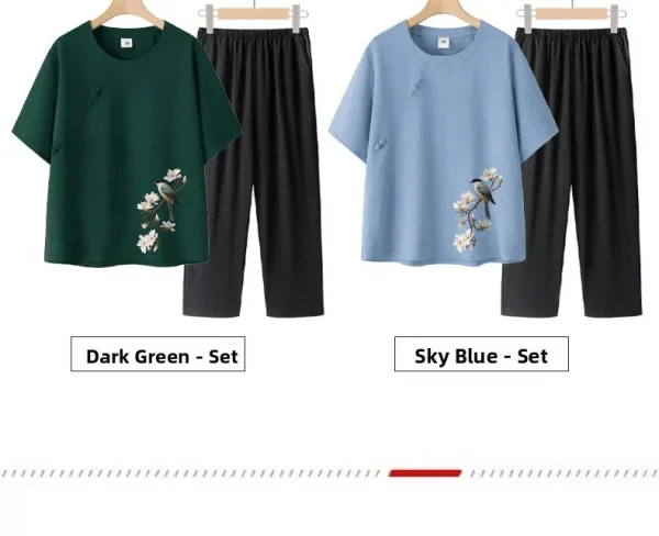 طقم حريمي صيفي بأكمام قصيرة من القطن والحرير على طراز الجدة ملابس نسائية غير رسمية ملابس منزلية قميص أمي ملابس خارجية زر طباعة الأزهار...