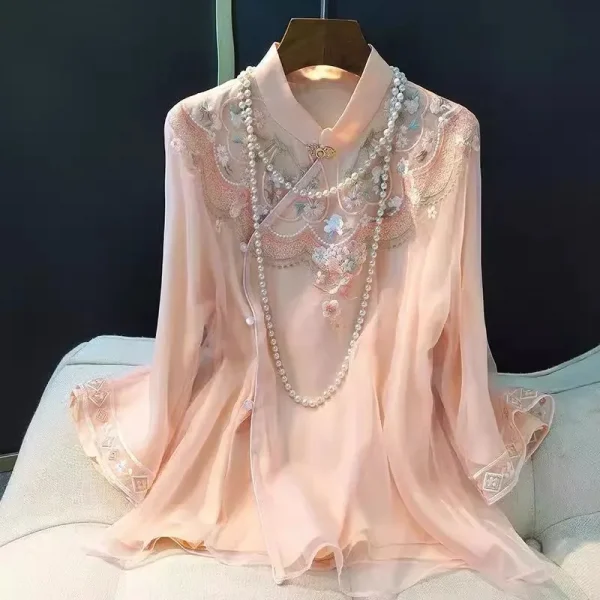 ربيع الخريف العرقية نمط تانغ دعوى معطف الرجعية التطريز زر الصينية أعلى المرأة بلوزة أنيقة فضفاضة الصينية أعلى 3126