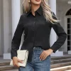 قمصان نسائية ربيعية خريفية بلون صلب بأكمام طويلة وياقة قابلة للطي قميص أساسي للنساء بلوزات شارع أنيقة