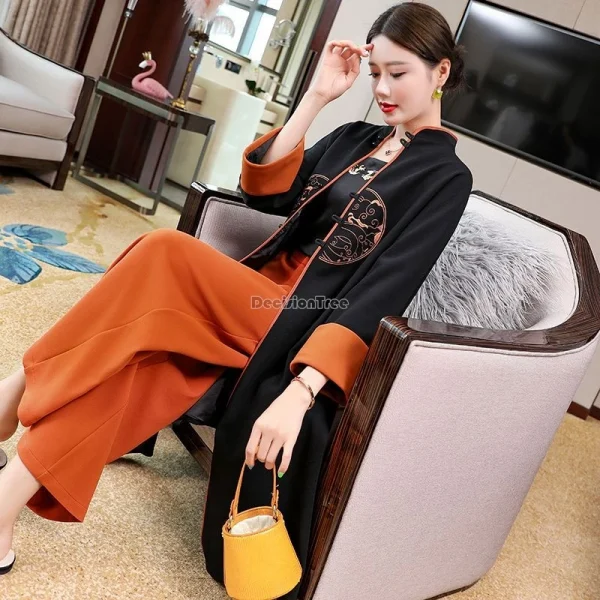 النمط الوطني الصيني تانغ دعوى زر الوقوف طوق السراويل واسعة الساق قطعتين مجموعة معطف طويل مجموعة عادية الإناث تانغ خندق معطف