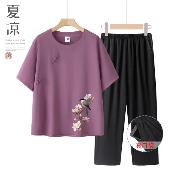 طقم حريمي صيفي بأكمام قصيرة من القطن والحرير على طراز الجدة ملابس نسائية غير رسمية ملابس منزلية قميص أمي ملابس خارجية زر طباعة الأزهار...