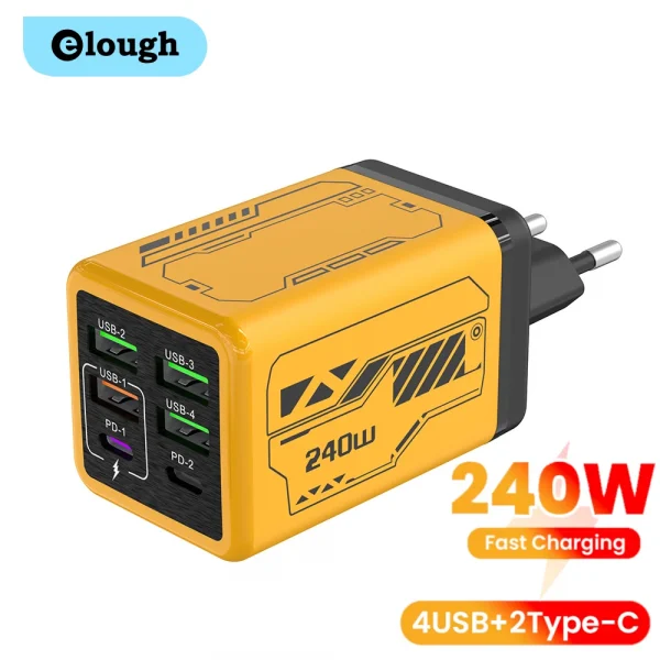 240 واط 6 منافذ 4USB + 2 نوع C شحن سريع للغاية شاحن الهاتف المحمول USB3.0 PD3.0 الاتحاد الأوروبي/المملكة المتحدة/الولايات المتحدة شاحن آيفون 17 16 سامسونج POCO