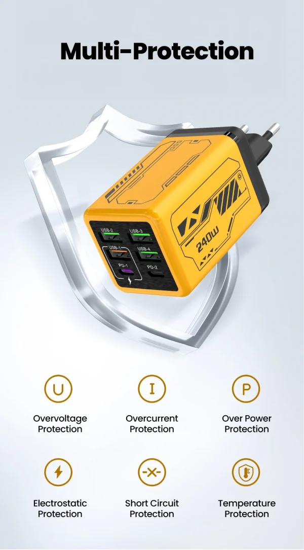 240 واط 6 منافذ 4USB + 2 نوع C شحن سريع للغاية شاحن الهاتف المحمول USB3.0 PD3.0 الاتحاد الأوروبي/المملكة المتحدة/الولايات المتحدة شاحن آيفون 17 16 سامسونج POCO