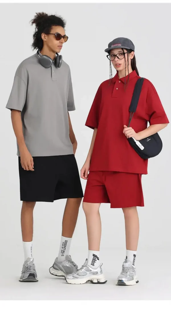 275 جرامًا من القطن الخالص بلون فضفاض قصير الأكمام قميص بولو قم بتخصيص تصميم نص الصورة الخاص بك للنساء والرجال