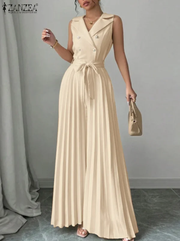 موضة النساء حللا 2026 ZANZEA ثوب فضفاض صيفي أنيق واسع الساق العمل OL وزرة الخامس الرقبة بلا أكمام مطوي Playsuit بنطلون