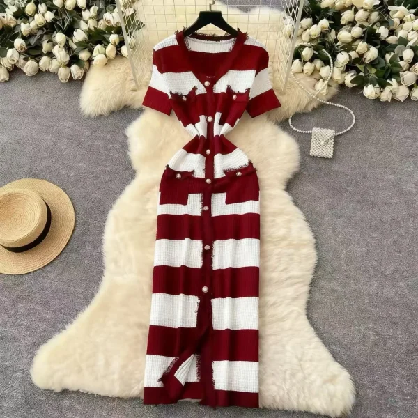 فستان نسائي أنيق مخطط برقبة على شكل حرف V صيفي بأكمام قصيرة ومتماسك بشرابة فساتين ضيقة للنساء