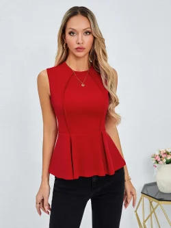 بلوزة نسائية بدون أكمام باللون الأحمر ورقبة دائرية وحاشية بيبلوم بقصة ضيقة للربيع والصيف أنيقة وعصرية ومناسبة للمواعدة اليومية