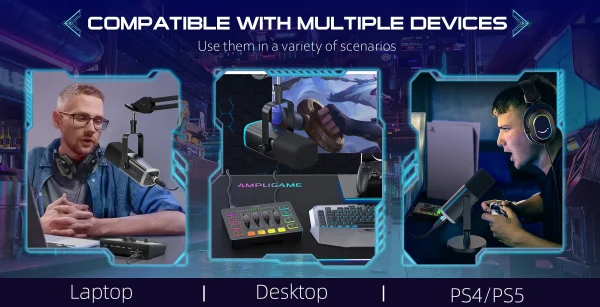 مجموعة بودكاست FIFINE الكل في واحد مع خلاط صوت RGB، مجموعة استوديو بث مع ميكروفون ديناميكي لتسجيل ألعاب الكمبيوتر - Ampligame KS5