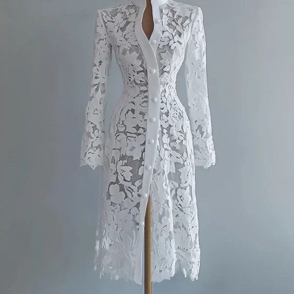 المرأة الأزهار تفريغ الدانتيل فستان أنيق الصلبة واحدة الصدر الياقة المدورة الخريف طويلة الأكمام سترة أبلى فساتين متوسطة الطول