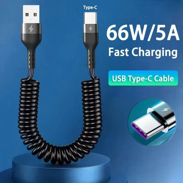 USB نوع C 66 واط سيارة 5A شحن سريع نوع C إلى نوع C الربيع تلسكوبي كابل آيفون 15 سامسونج هواوي شاومي Redmi OnePlus