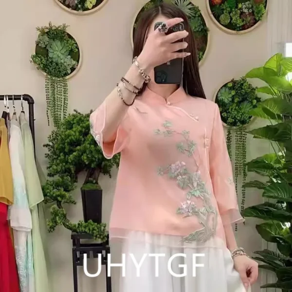 ربيع الخريف العرقية نمط تانغ دعوى معطف الرجعية التطريز زر الصينية أعلى المرأة بلوزة أنيقة فضفاضة الصينية أعلى 3126