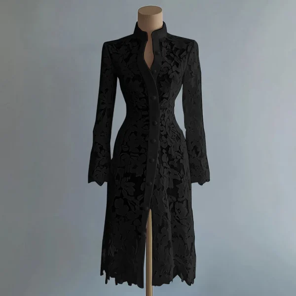 المرأة الأزهار تفريغ الدانتيل فستان أنيق الصلبة واحدة الصدر الياقة المدورة الخريف طويلة الأكمام سترة أبلى فساتين متوسطة الطول