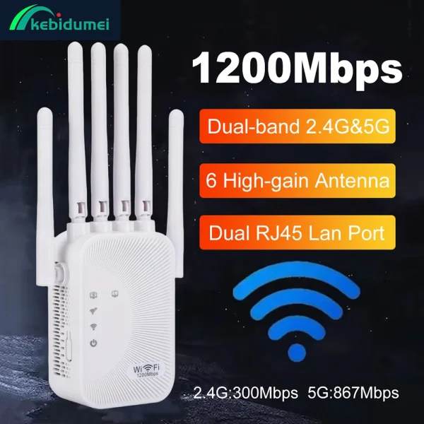 Kebidumei 1200/300Mbps واي فاي مكرر مكبر للصوت 2.4G 5G شبكة المتوسع المدى موسع إشارة WiFi الداعم لاسلكي واي فاي راوتر