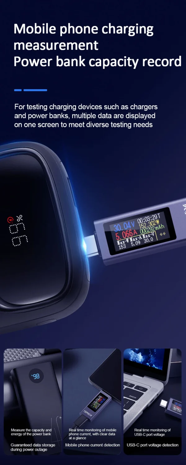 نوع-C متعدد الوظائف شاشة ديجيتال تيار مستمر الجهد مقياس التيار الكهربائي تيار مستمر 4-30 فولت 12A الفولتميتر مقياس التيار الكهربائي اختبار قدرة الشاحن
