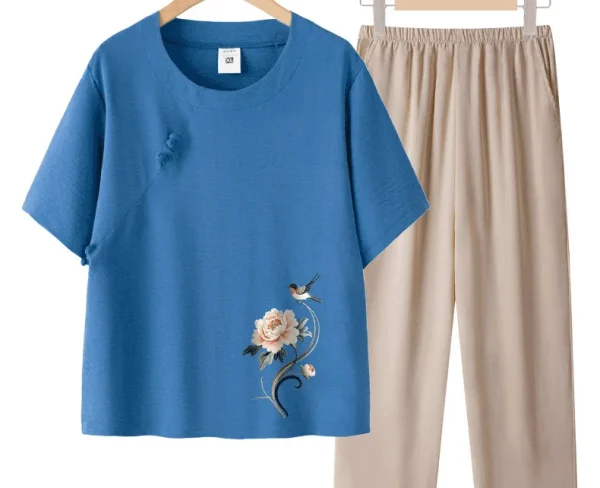 عادية الأزهار طباعة قصيرة الأكمام رقيقة أمي مجموعة الصيف فضفاض تي شيرت الجدة الملابس قطعتين دعوى البوليستر دنة مزيج