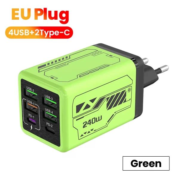 240 واط 6 منافذ 4USB + 2 نوع C شحن سريع للغاية شاحن الهاتف المحمول USB3.0 PD3.0 الاتحاد الأوروبي/المملكة المتحدة/الولايات المتحدة شاحن آيفون 17 16 سامسونج POCO