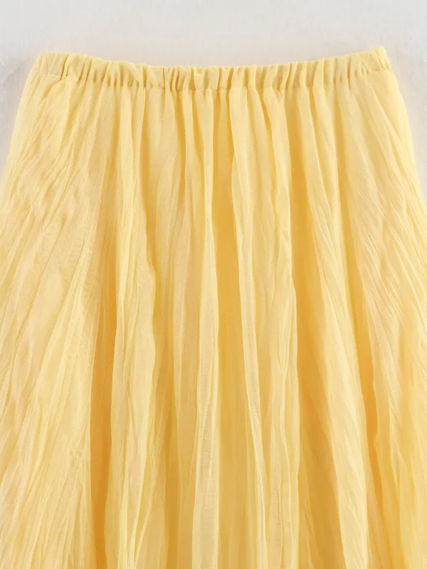 تنورة YENKYE للسيدات مجعدة على شكل حرف a ميدي باللون الأصفر والزبدة بخصر مطاطي تنانير أنيقة لعطلات الربيع والصيف جديدة 2025 faldas mujer