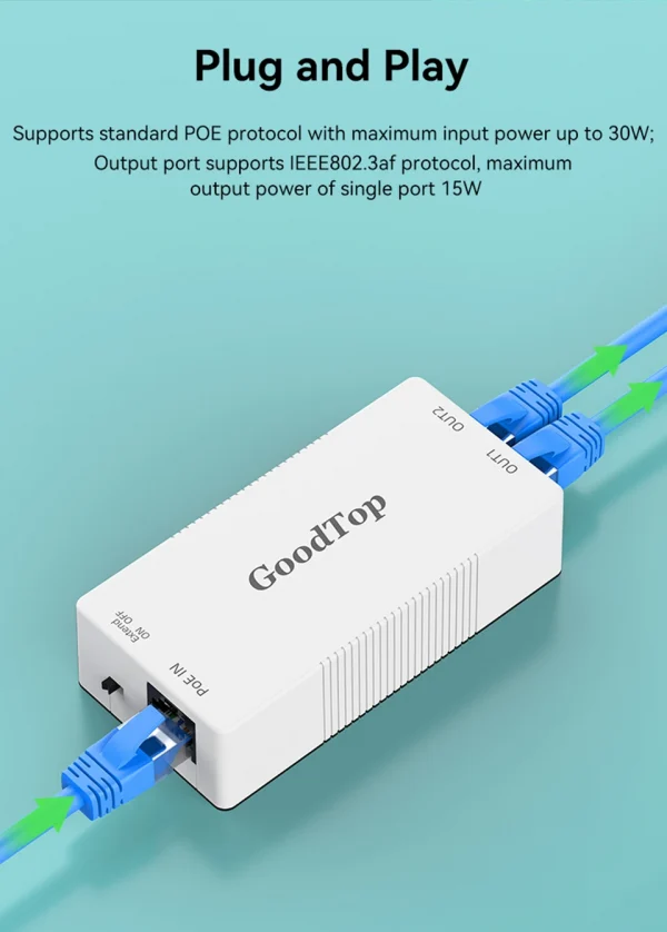 GoodTop 2 Port 100M POE Extender 1 to 2 PoE Repeater IEEE802.3af/at 4KV Lighting Protection Plug&Play 48V 30W for POE Camera