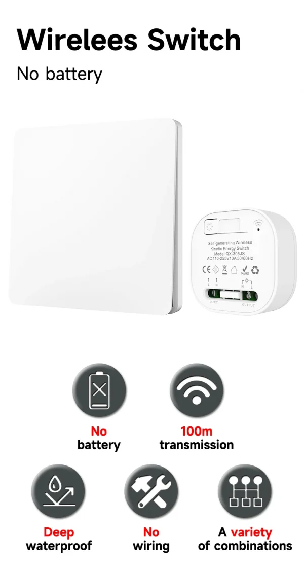 QX-305 Gray Self-powered wireless Remote Control Light Switch RF433Mhz 1/2 way Electric Switch