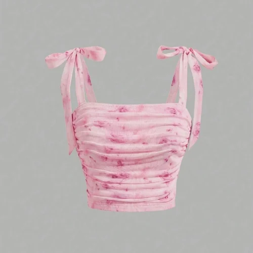 Solid Tie Shoulder Ruched Wide Strap Slim Fit Crop Top for Women Summer 2025 Y2K Clothes Pink Backless Cami Top Streetwear