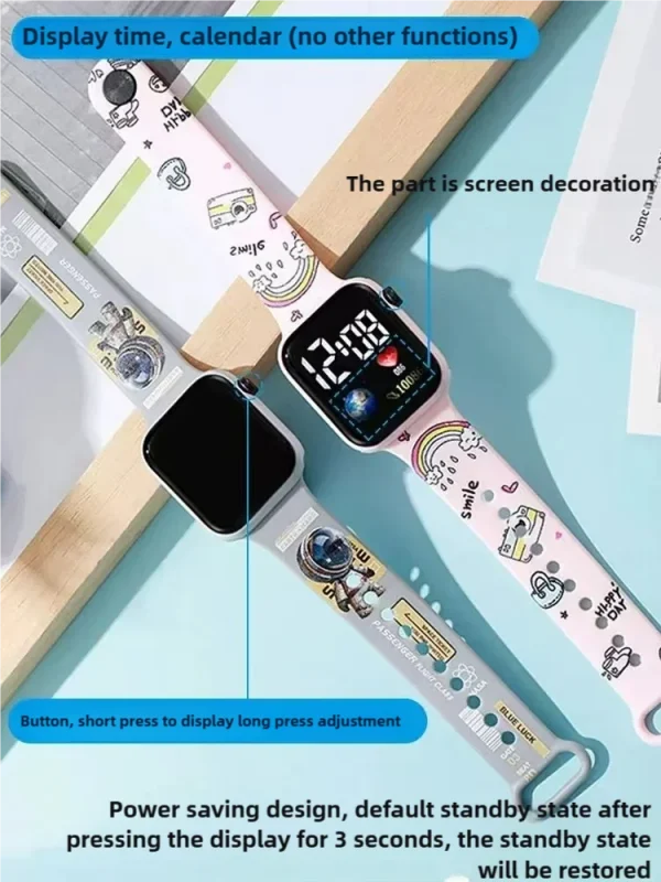 الرسوم المتحركة الجديدة الملونة المطبوعة طالب LED الساعات الإلكترونية العصرية المطبوعة مربع Y1 زر الساعات الإلكترونية