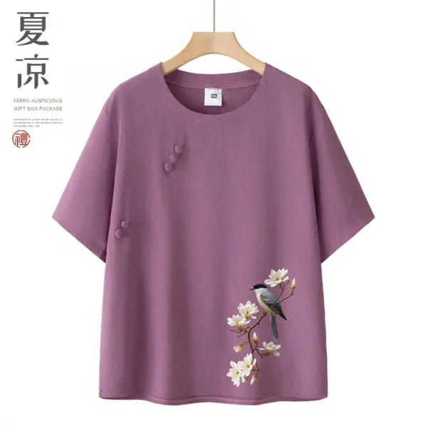 طقم حريمي صيفي بأكمام قصيرة من القطن والحرير على طراز الجدة ملابس نسائية غير رسمية ملابس منزلية قميص أمي ملابس خارجية زر طباعة الأزهار...