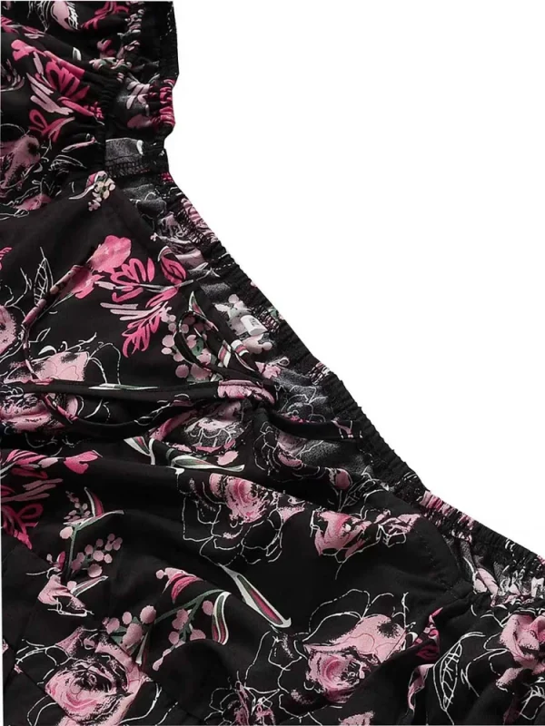 فستان نسائي طويل مقاس كبير مزين بالزهور، مرن بخصر عالٍ، فضفاض، رقبة مربعة، وأكمام منتفخة، فستان غير رسمي مناسب لجميع المواسم