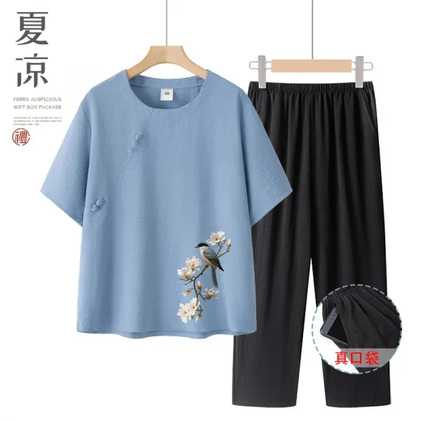 طقم حريمي صيفي بأكمام قصيرة من القطن والحرير على طراز الجدة ملابس نسائية غير رسمية ملابس منزلية قميص أمي ملابس خارجية زر طباعة الأزهار...