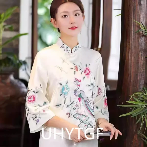 ربيع الخريف العرقية نمط تانغ دعوى معطف الرجعية التطريز زر الصينية أعلى المرأة بلوزة أنيقة فضفاضة الصينية أعلى 3126
