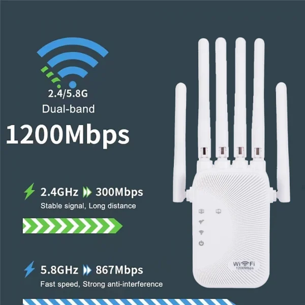 Kebidumei 1200/300Mbps واي فاي مكرر مكبر للصوت 2.4G 5G شبكة المتوسع المدى موسع إشارة WiFi الداعم لاسلكي واي فاي راوتر