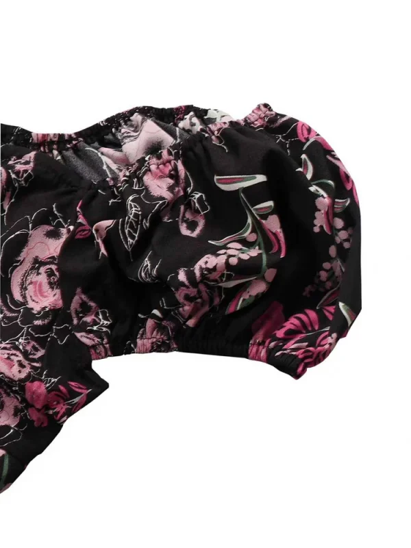 فستان نسائي طويل مقاس كبير مزين بالزهور، مرن بخصر عالٍ، فضفاض، رقبة مربعة، وأكمام منتفخة، فستان غير رسمي مناسب لجميع المواسم