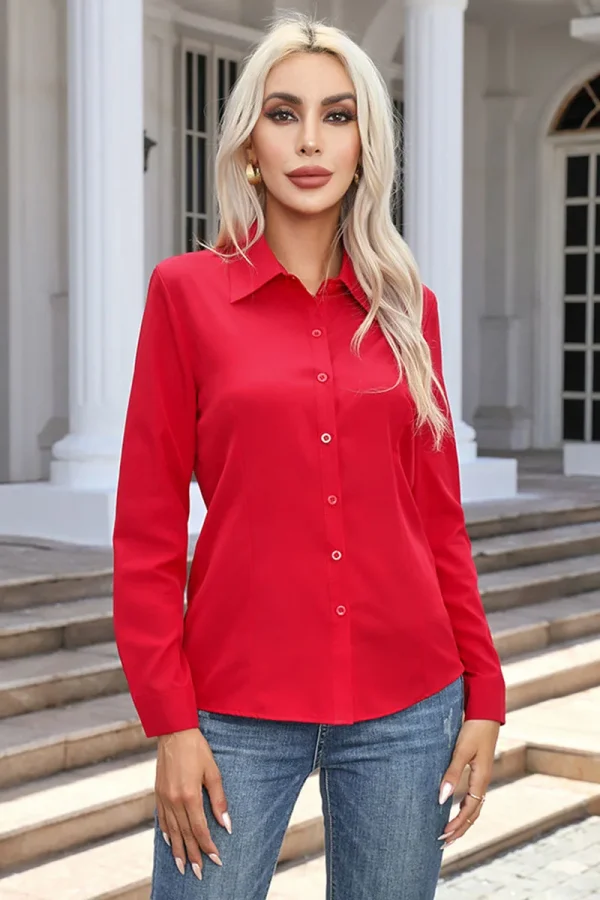 قمصان نسائية ربيعية خريفية بلون صلب بأكمام طويلة وياقة قابلة للطي قميص أساسي للنساء بلوزات شارع أنيقة