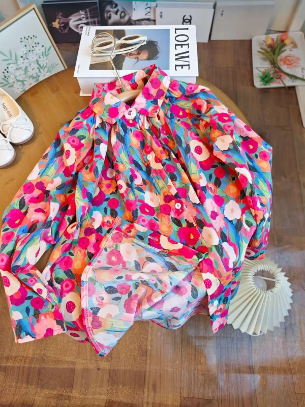 فستان للفتيات للربيع والصيف من عمر 2-8 سنوات بطباعة كاملة على شكل زهرة ورسم زيتي على شكل طية صدر السترة فستان الأميرة بصدر واحد للفتيات