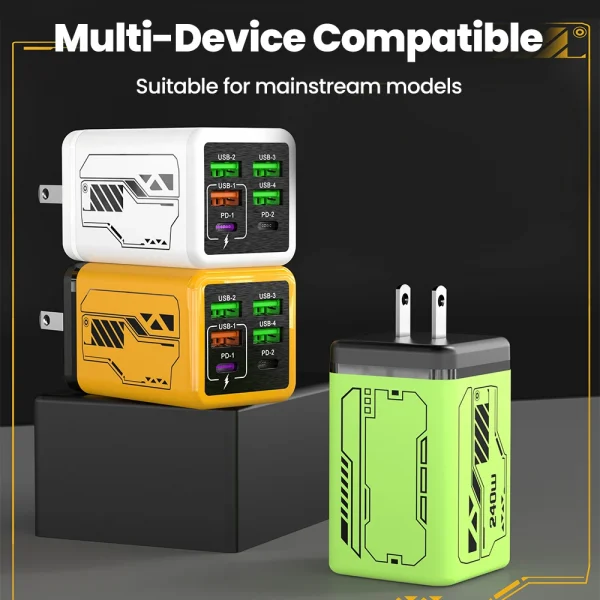 240 واط 6 منافذ 4USB + 2 نوع C شحن سريع للغاية شاحن الهاتف المحمول USB3.0 PD3.0 الاتحاد الأوروبي/المملكة المتحدة/الولايات المتحدة شاحن آيفون 17 16 سامسونج POCO