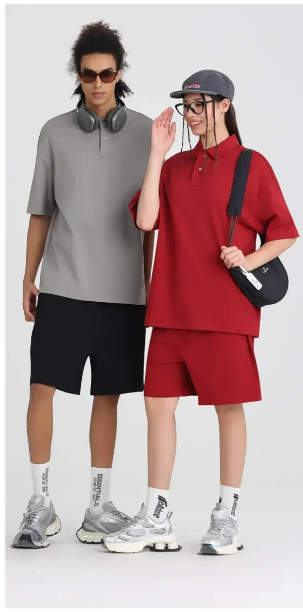 275 جرامًا من القطن الخالص بلون فضفاض قصير الأكمام قميص بولو قم بتخصيص تصميم نص الصورة الخاص بك للنساء والرجال