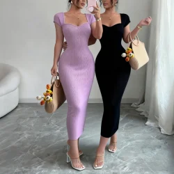 المرأة الأرجواني الحبيب الرقبة قصيرة الأكمام بسط مضلع متماسكة Bodycon ميدي فستان الصيف شاطئ عطلة حفلة فستان طويل