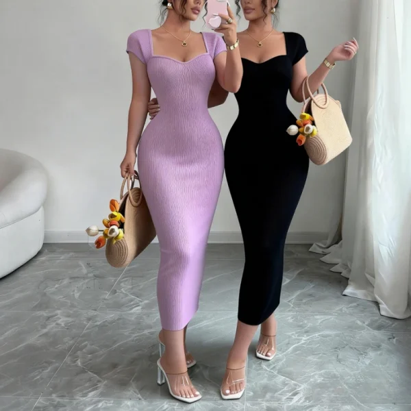 المرأة الأرجواني الحبيب الرقبة قصيرة الأكمام بسط مضلع متماسكة Bodycon ميدي فستان الصيف شاطئ عطلة حفلة فستان طويل