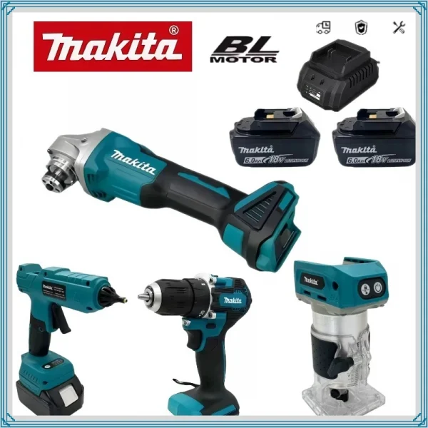 مجموعة ماكيتا الاحترافية 18 فولت 20 فولت بدون فرشاة: مطحنة زاوية، مسدس شحم، منشار جنزيري، منفاخ، مسدس سيليكون وآلة قطع