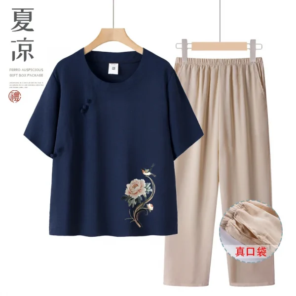 عادية الأزهار طباعة قصيرة الأكمام رقيقة أمي مجموعة الصيف فضفاض تي شيرت الجدة الملابس قطعتين دعوى البوليستر دنة مزيج