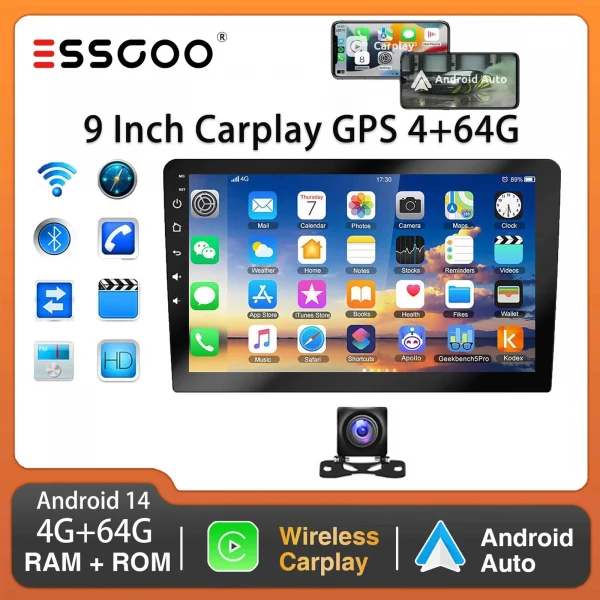 راديو ستيريو للسيارة من ESSGOO مقاس 9 بوصات 2 DIN مزود بتقنية Carplay يعمل بنظام الأندرويد وستيريو للسيارة وبلوتوث 64 جيجا ونظام تحديد المواقع والملاحة RDS وواي فاي وUSB FM DAB + CAM