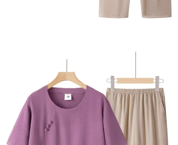 عادية الأزهار طباعة قصيرة الأكمام رقيقة أمي مجموعة الصيف فضفاض تي شيرت الجدة الملابس قطعتين دعوى البوليستر دنة مزيج